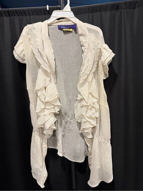 Miley Cyrus & Max Azria Cream Ruffle-Front Short Sleeve Cardigan